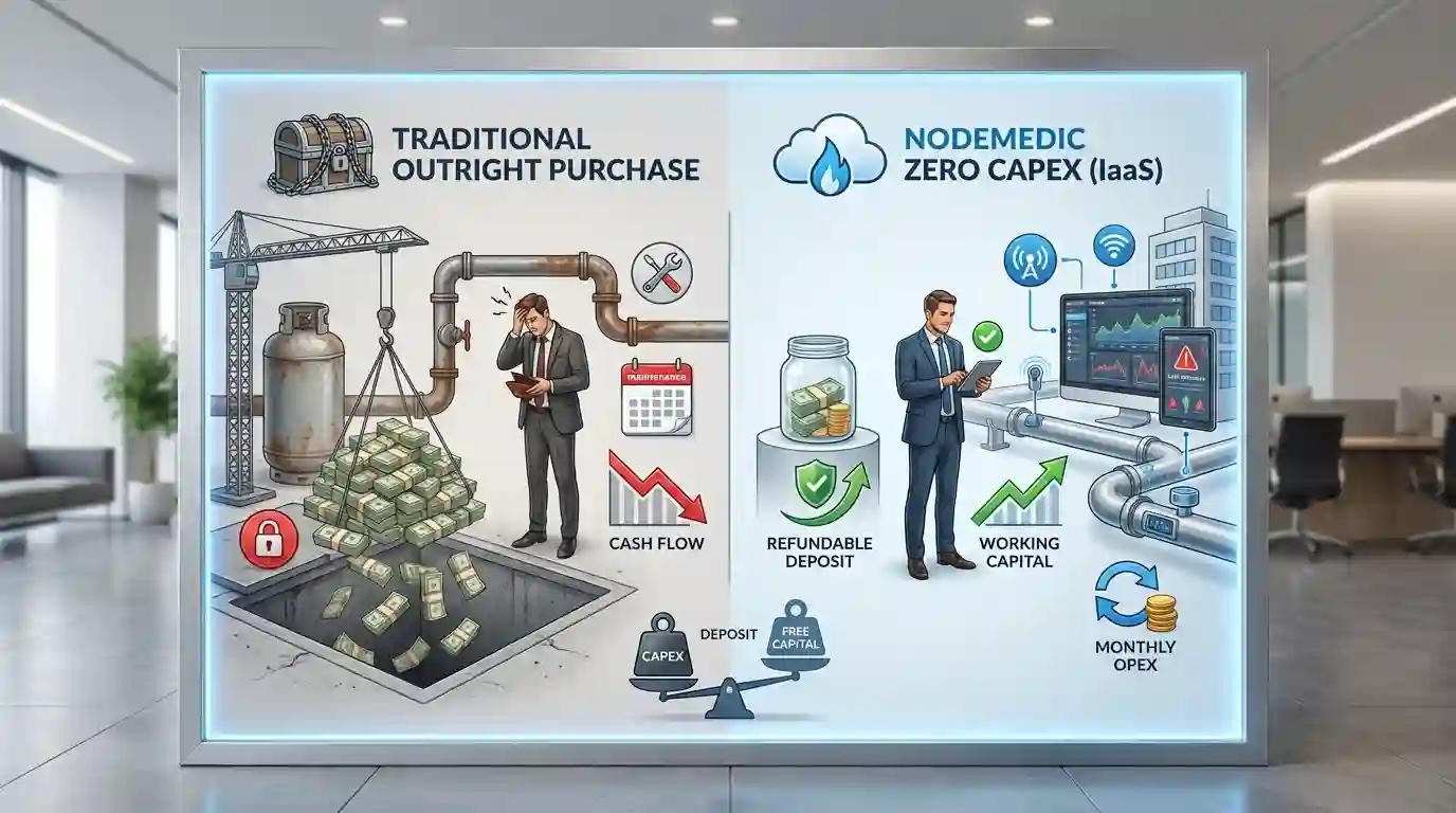 Perbandingan skema investasi gas tradisional vs NodeMedic Zero CAPEX dengan refundable deposit dan teknologi IoT.