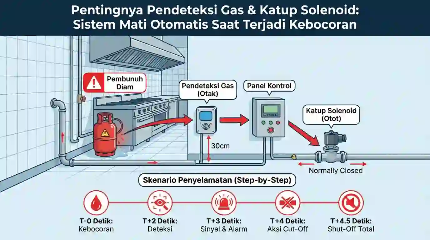 Diagram instalasi gas detector 30cm dari lantai dan solenoid valve normally closed sebagai sistem pemutus otomatis (auto cut-off) pada instalasi pipa gas.