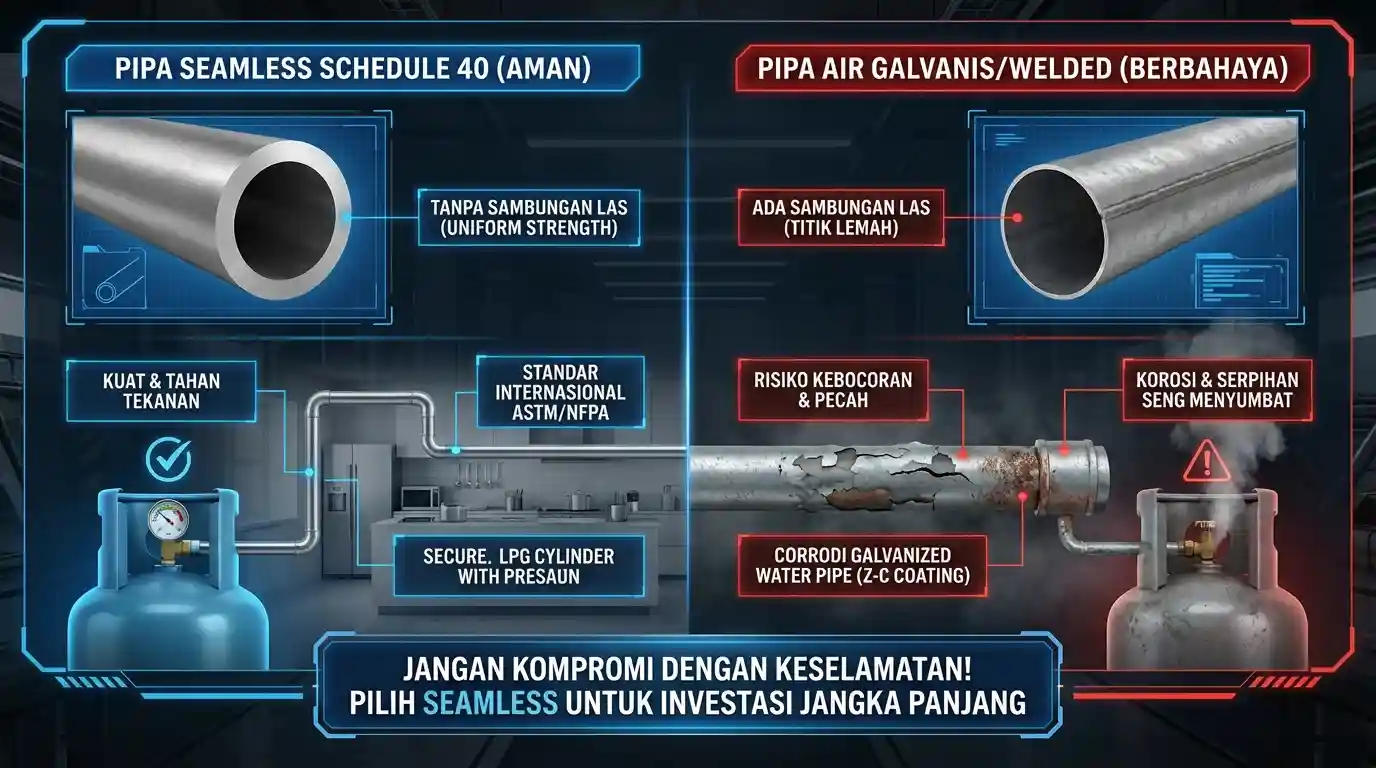 Perbandingan visual fisik pipa gas: Sisi kiri menunjukkan Pipa Seamless Schedule 40 (ASTM A53) yang mulus tanpa sambungan, sedangkan sisi kanan menunjukkan Welded Pipe standar dengan garis sambungan las yang berisiko bocor untuk tekanan LPG.