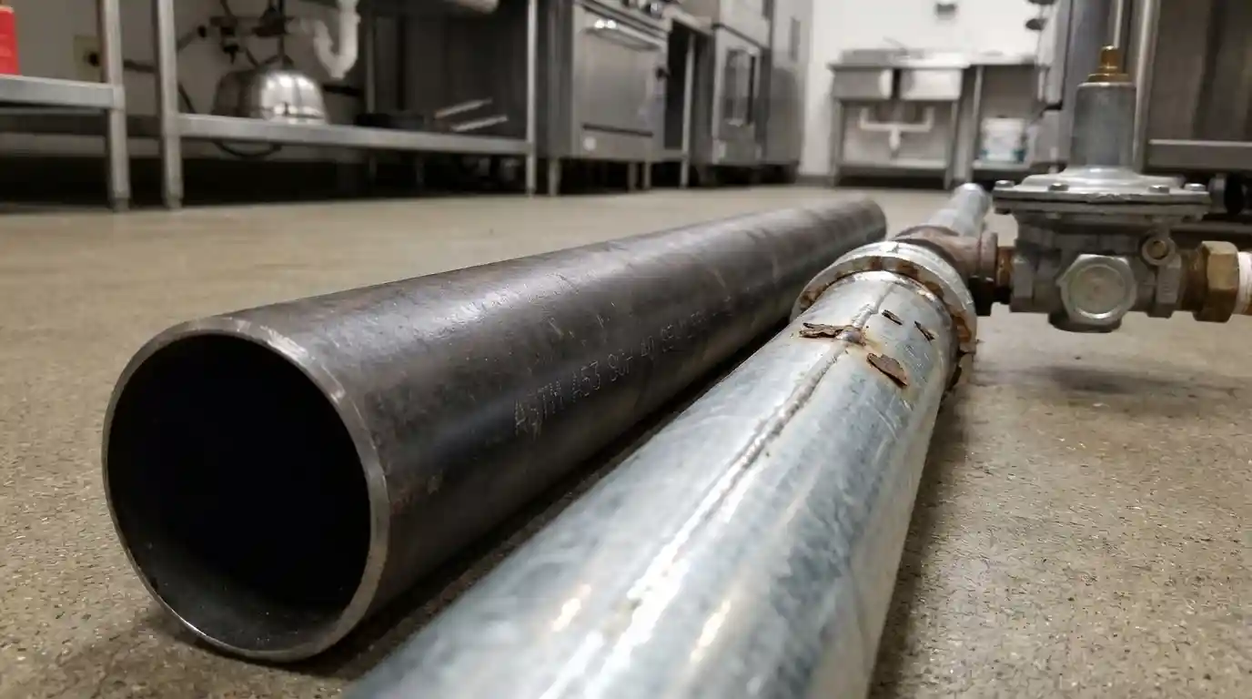 Perbandingan visual fisik pipa gas: Sisi kiri menunjukkan Pipa Seamless Schedule 40 (ASTM A53) yang mulus tanpa sambungan, sedangkan sisi kanan menunjukkan Welded Pipe standar dengan garis sambungan las yang berisiko bocor untuk tekanan LPG.